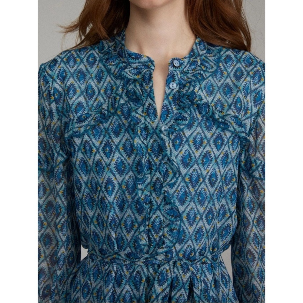 GUC SALONI- Tilly Ruffle Silk Dress in Filigree Batik Blue. Size 8 - Picture 2 of 8